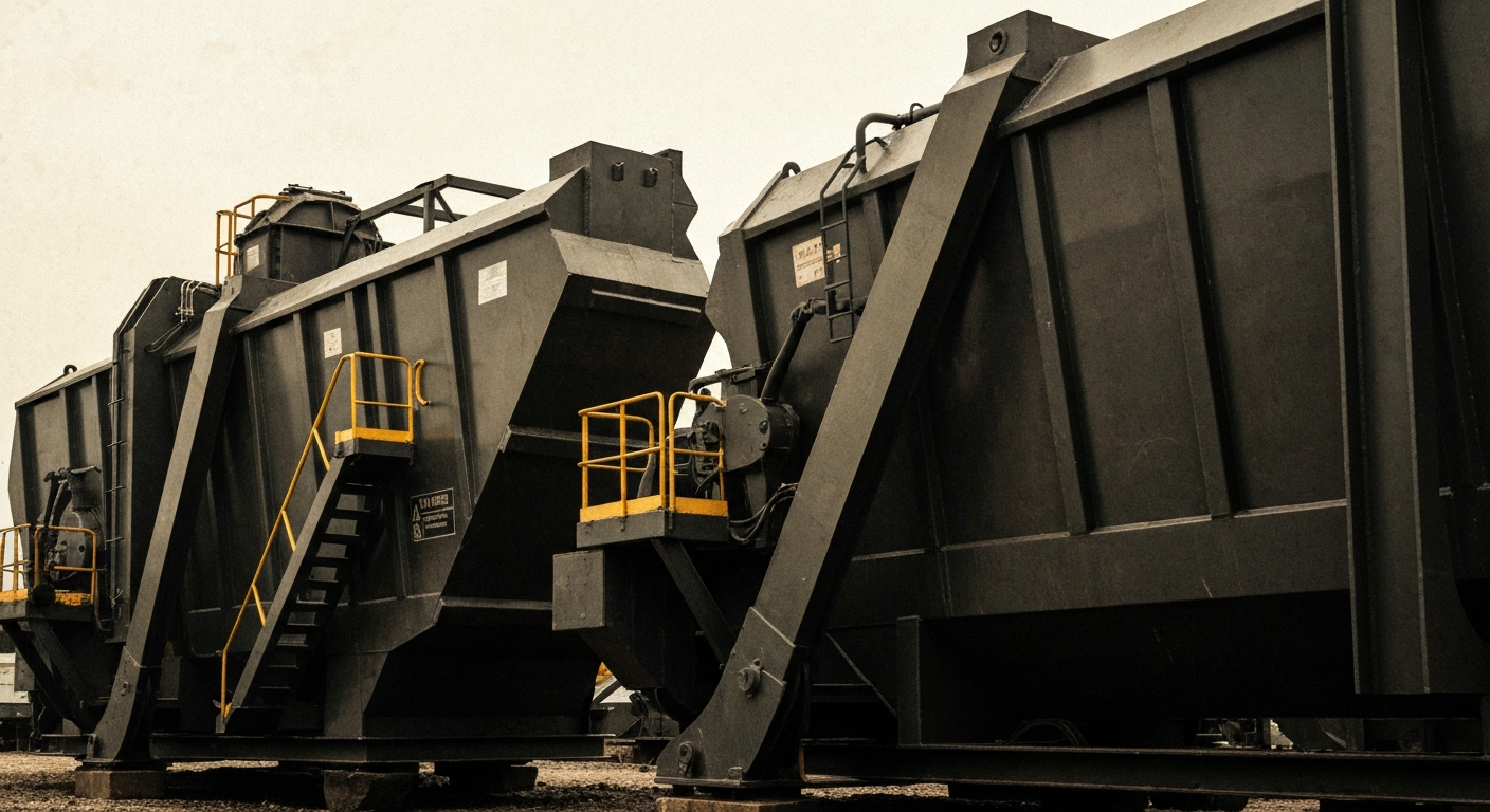 An extreme close-up of large, industrial waste management equipment and machinery, conveying the physical scale and infrastructure that enables the company's services without using literal financial imagery.