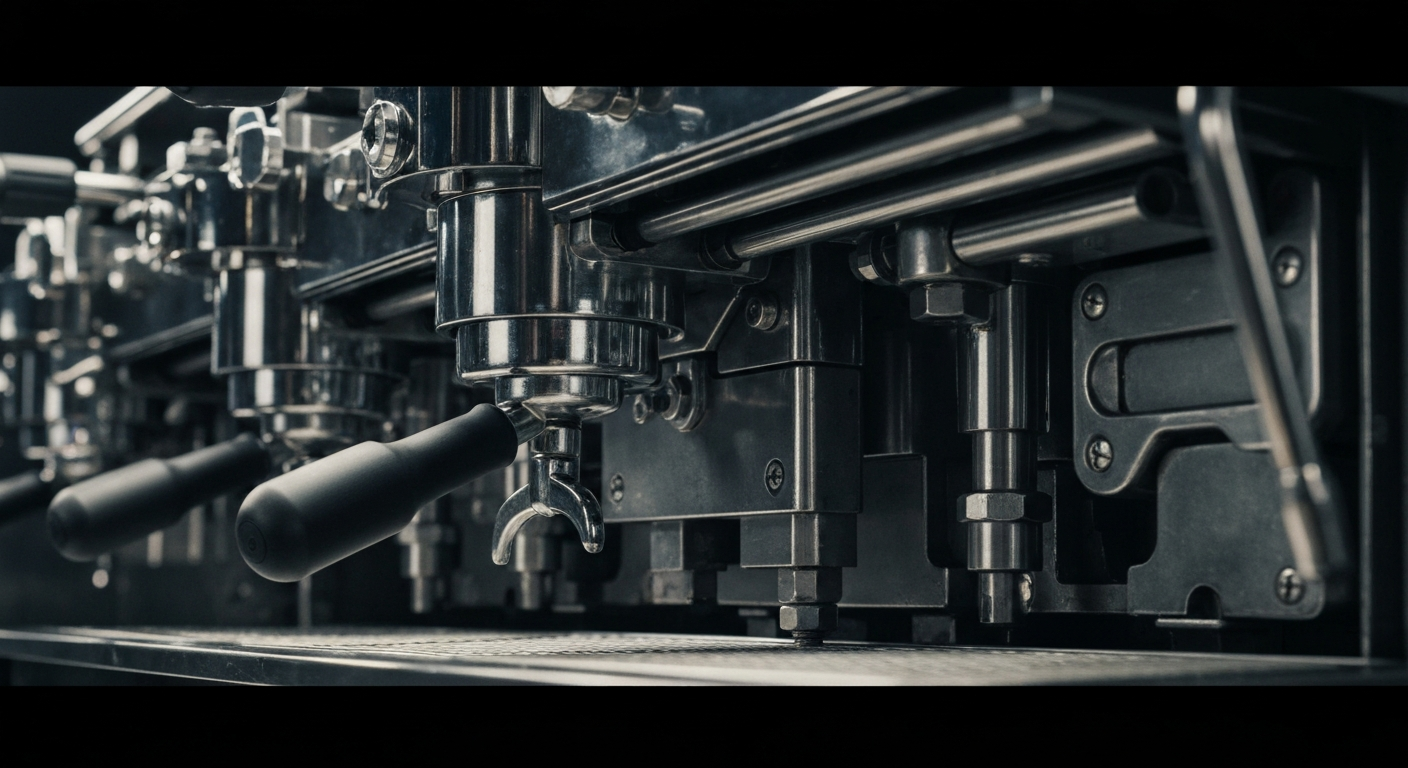 A close-up, highly detailed view of the inner mechanisms of a Starbucks espresso machine, with its complex array of metal components and gears conveying a sense of industrial power and precision behind the company's coffee operations.