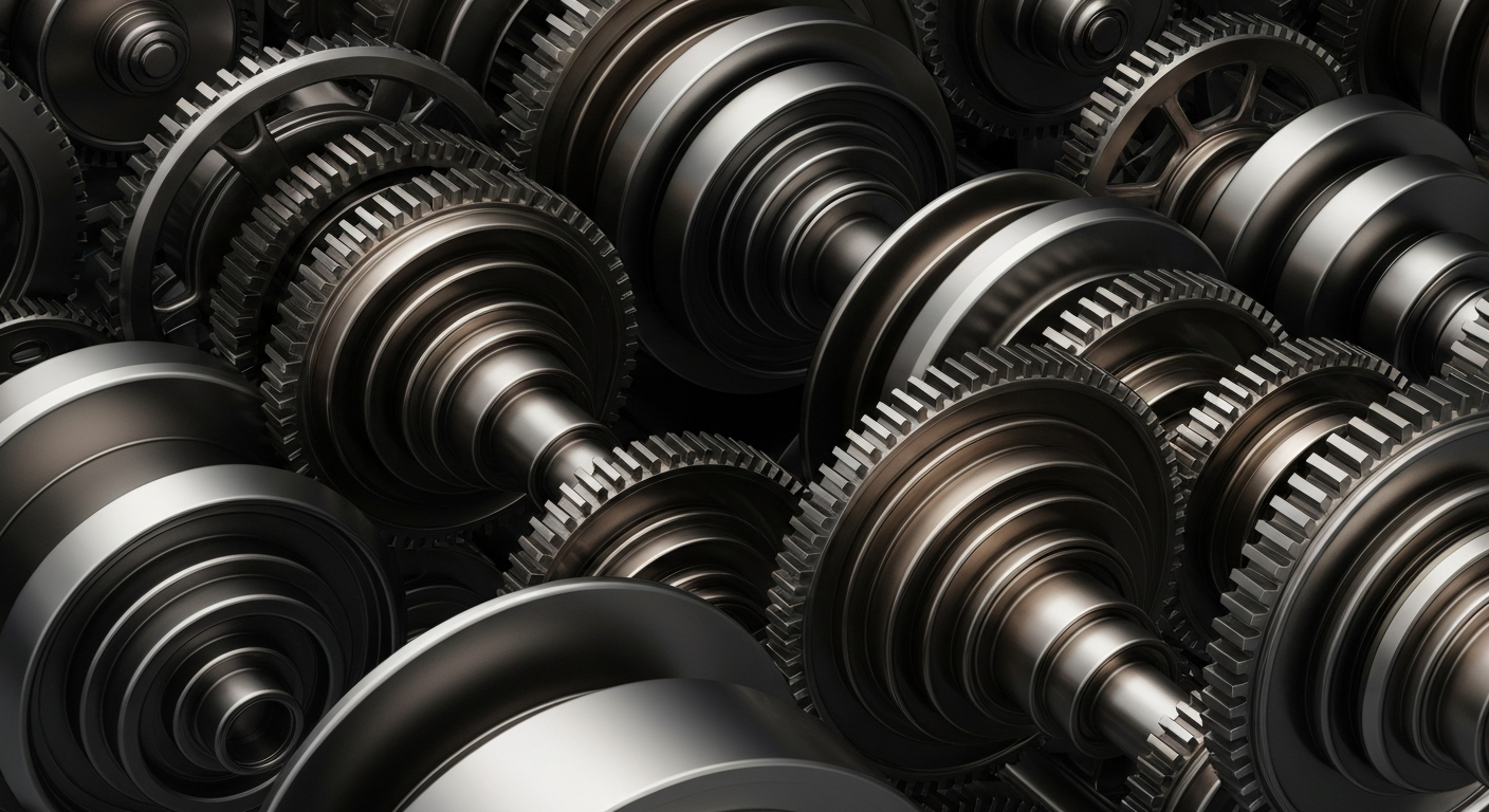 An extreme close-up of intricate, heavy industrial banking machinery and gears in shades of steel, bronze, and black, conveying a sense of financial security and institutional power.