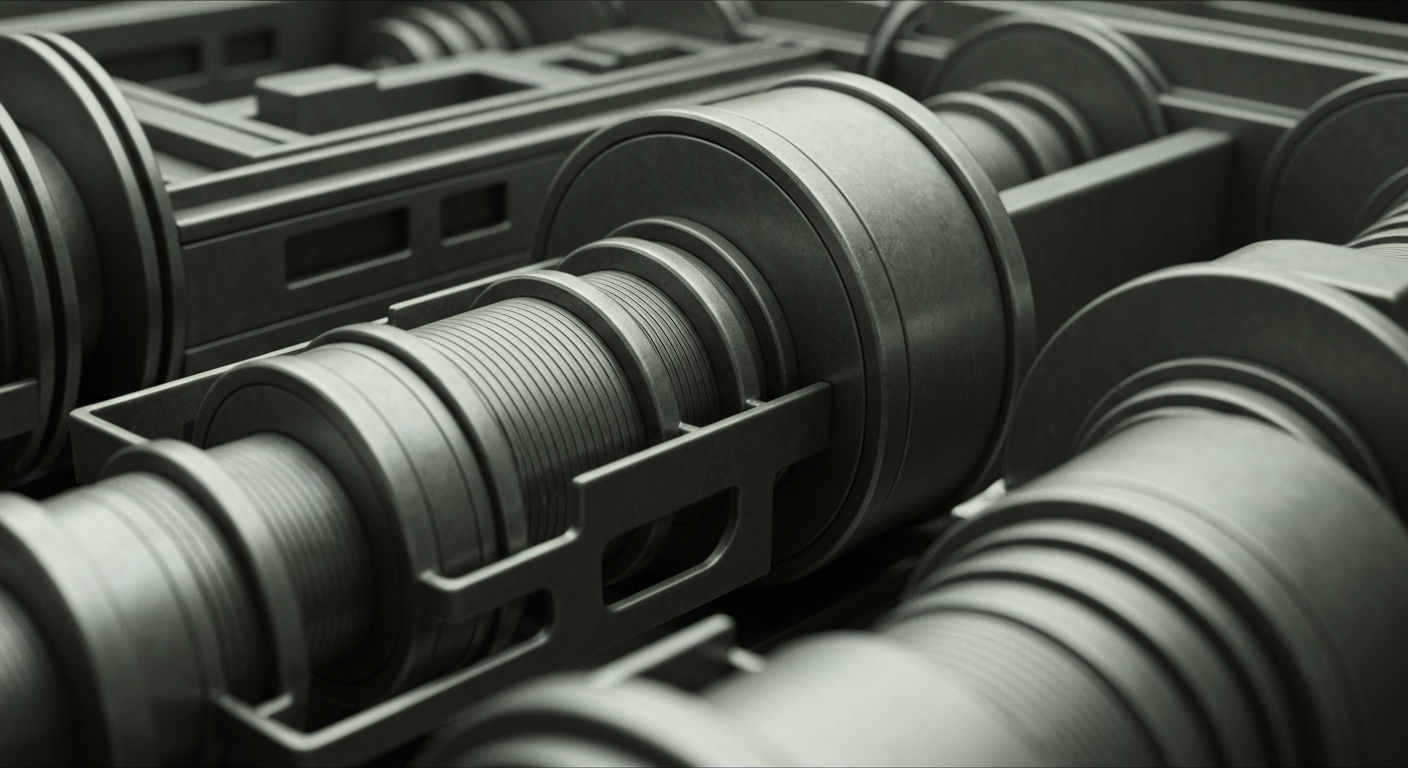 An extreme close-up of complex, industrial banking machinery and equipment in muted, metallic tones, conceptually representing the secure, powerful infrastructure of the financial system.
