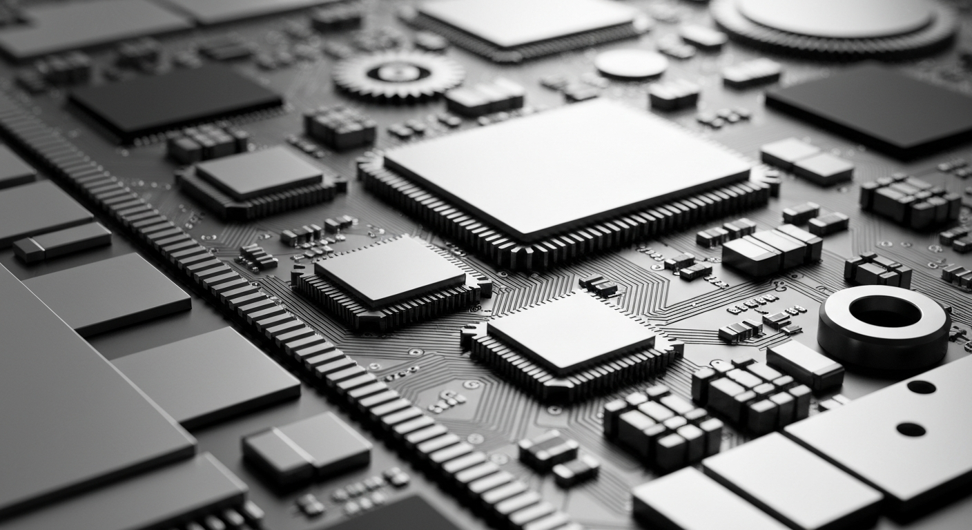 A highly detailed, macro-level view of the complex inner workings of a Qualcomm semiconductor chip, with a focus on the intricate mechanical and electronic components that enable wireless connectivity and advanced computing capabilities.