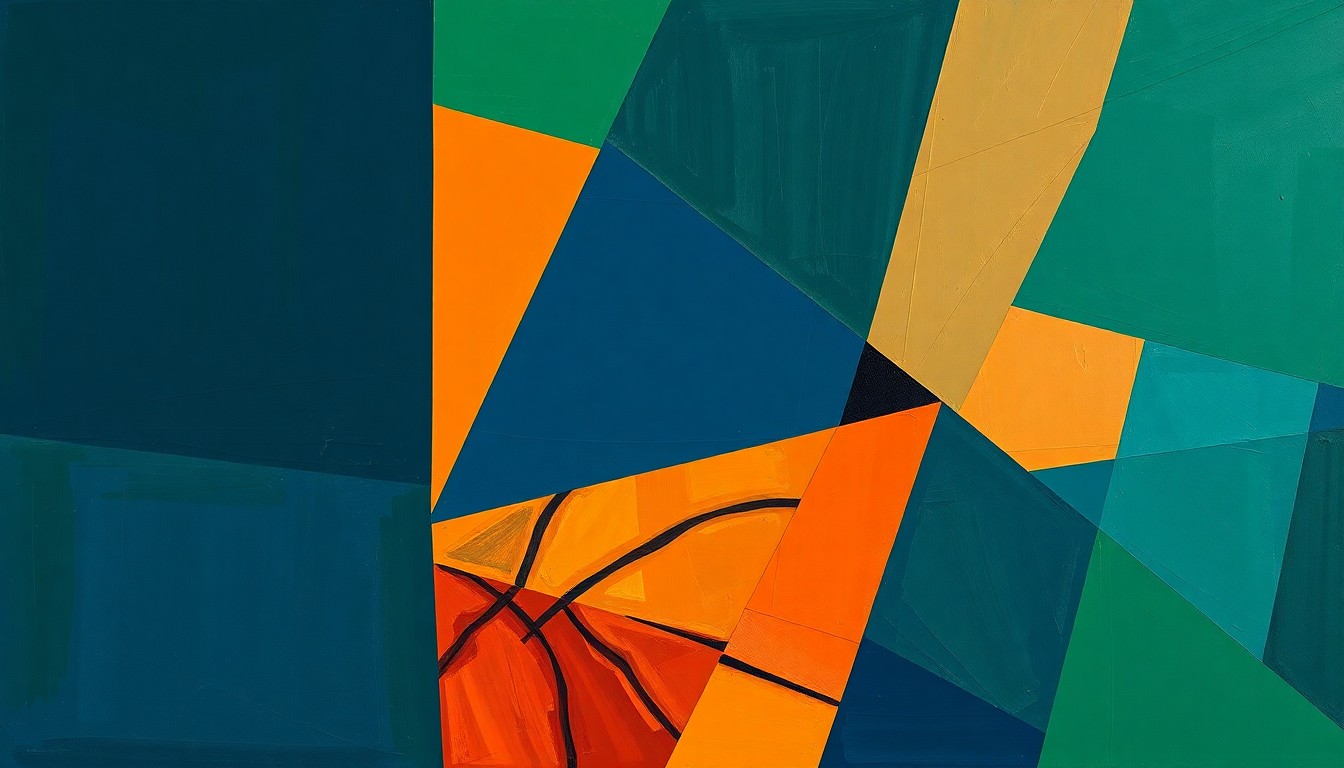 A cubist, geometric painting depicting a fragmented college basketball game, with sharp planes of navy, green, and orange representing the dynamic action on the court.