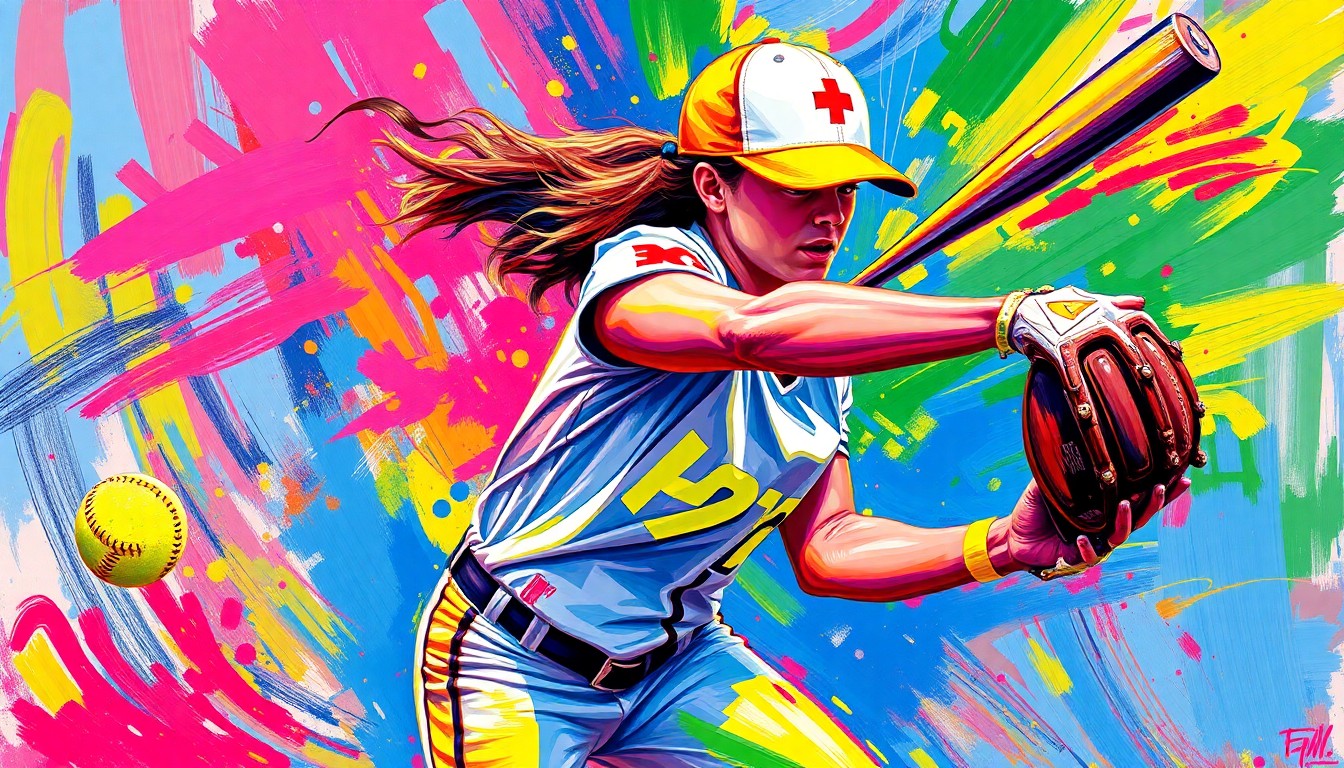 An abstract, energetic painting using vibrant neon colors and expressive brushstrokes to capture the spirit and movement of a high school softball player.