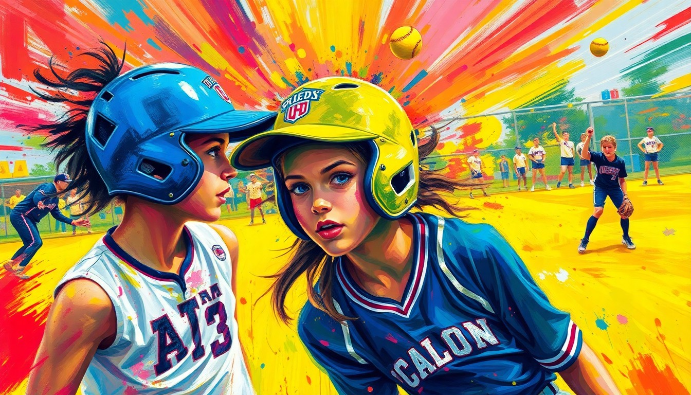 An abstract, energetic painting in neon colors depicting the dynamic motion and raw athleticism of a high school softball game, with faces and logos dissolving into unrecognizable brushstrokes.