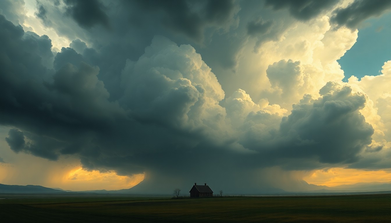 A dramatic landscape painting in muted tones of grey, blue, and gold, depicting an expansive, atmospheric scene of an approaching storm system. The composition uses deep perspective and dramatic lighting to convey the overwhelming power of the weather, with a small, obscured farmhouse or other rural structure barely visible in the foreground.