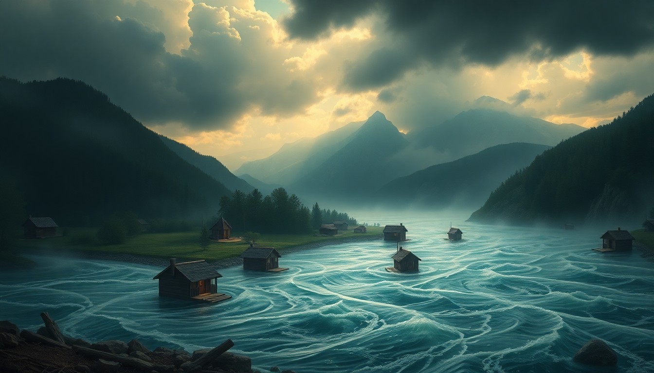 A sweeping, atmospheric landscape painting depicting the Guadalupe River overflowing its banks and surging through the Camp Mystic grounds, with the camp's cabins and structures barely visible in the distance, dwarfed by the scale of the raging floodwaters.