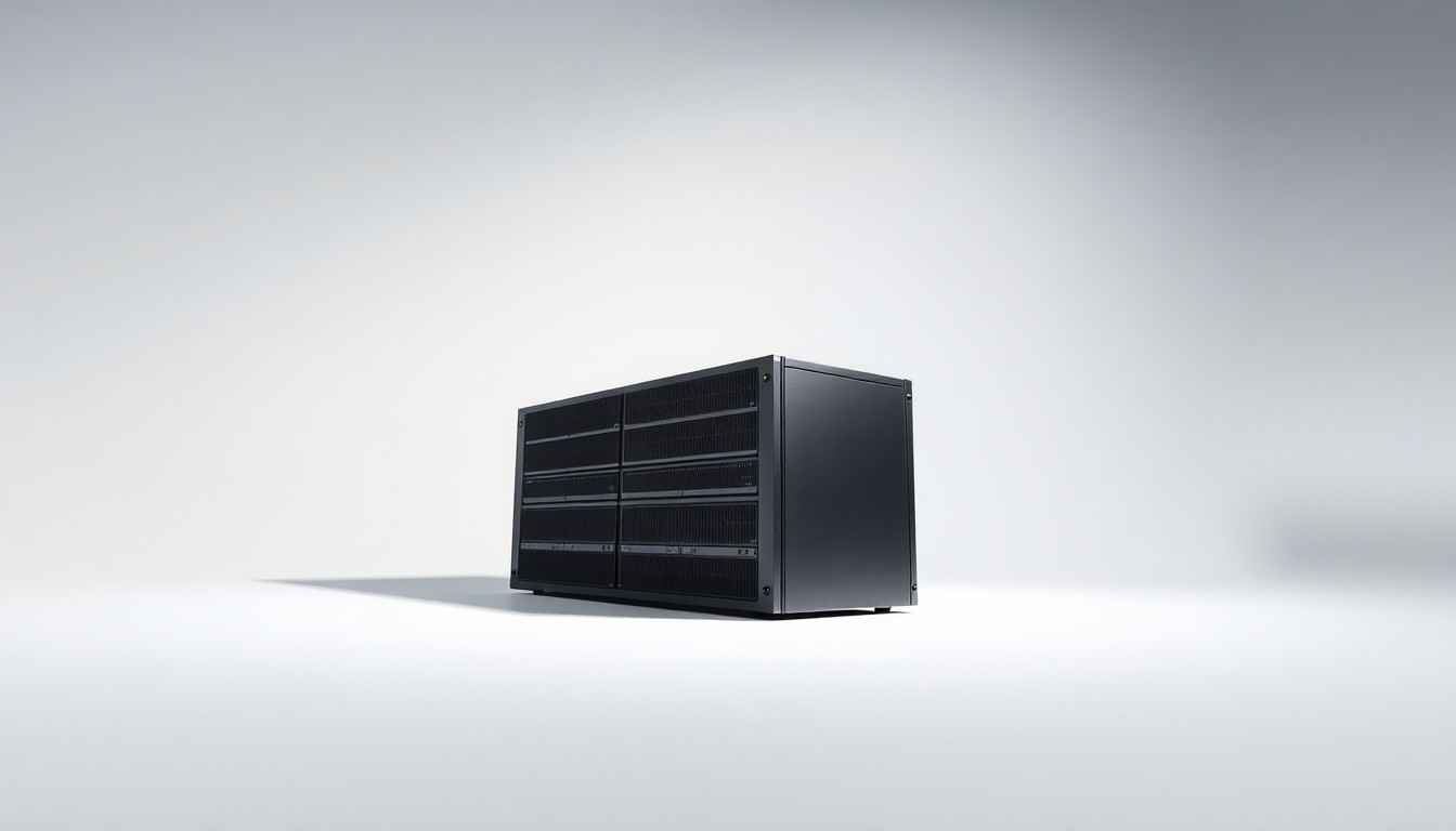 A highly detailed, photorealistic studio photograph of a metallic data server tower resting on a plain white background, symbolizing the complex corporate strategy behind the controversial data center proposal.