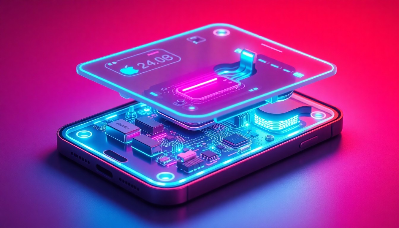 A highly detailed, glowing 3D illustration of a futuristic foldable smartphone device with intricate internal components and circuits illuminated by neon cyan and magenta lights, conceptually representing the advanced technology and innovation behind the iPhone Fold.