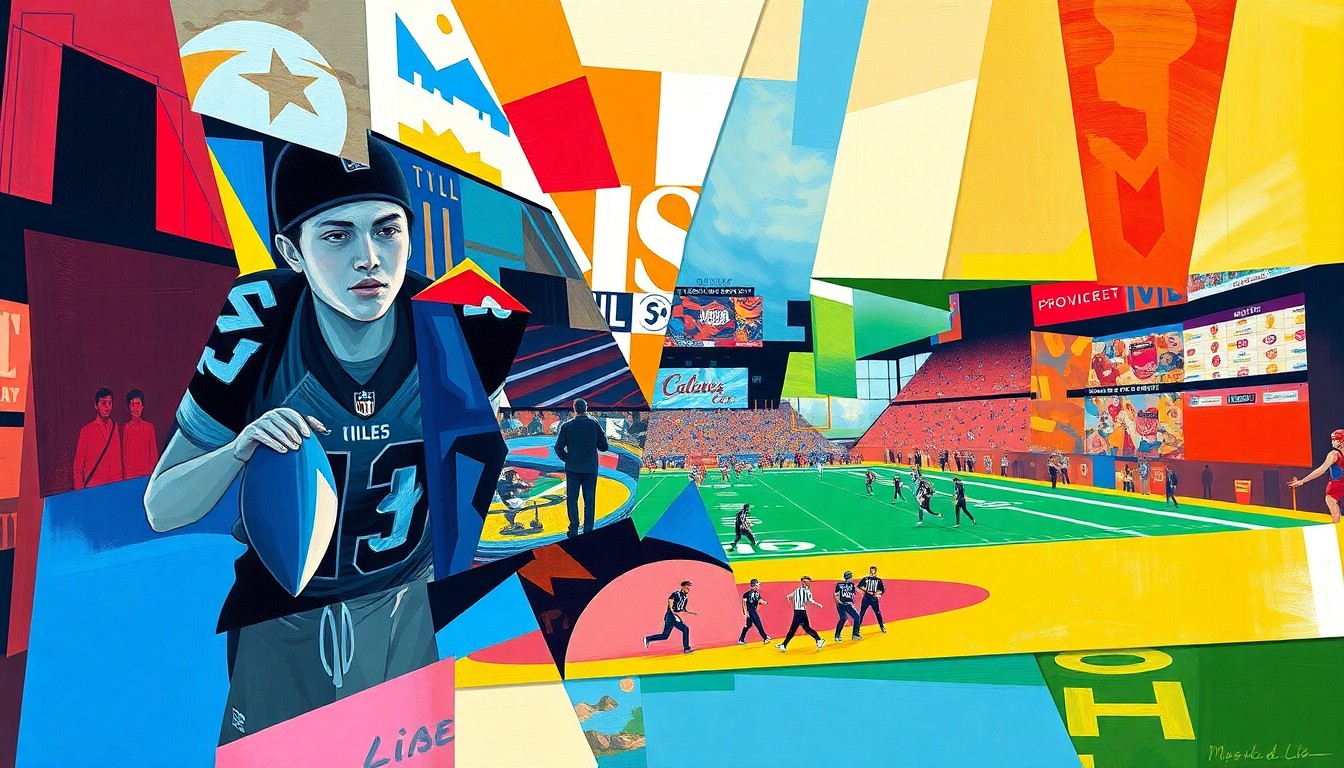 A cubist, geometric painting depicting a fragmented UFL football game, with overlapping planes of bright, vibrant colors representing the teams and energy of the new Oklahoma City franchise and its fans.