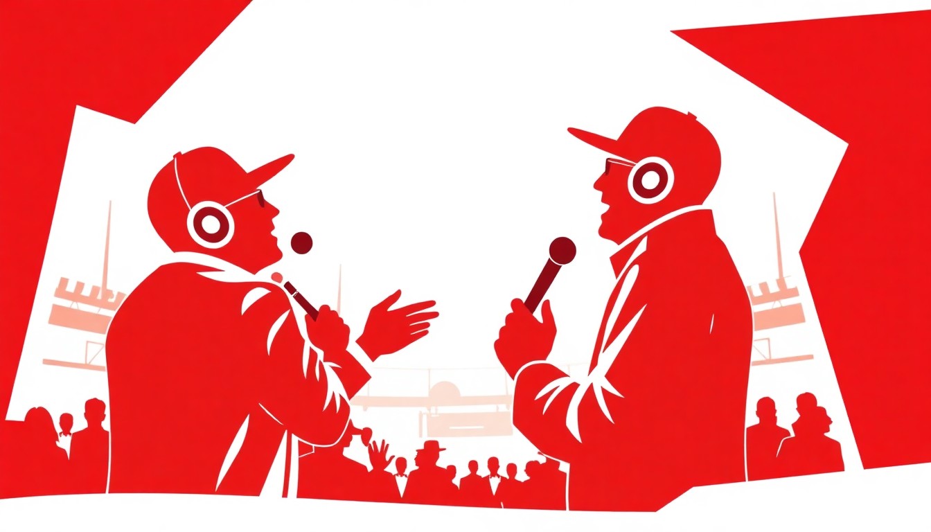 An abstract, minimalist illustration using bold, geometric shapes and high-contrast colors to represent the celebratory energy of radio hosts performing the National Anthem at a minor league baseball game.