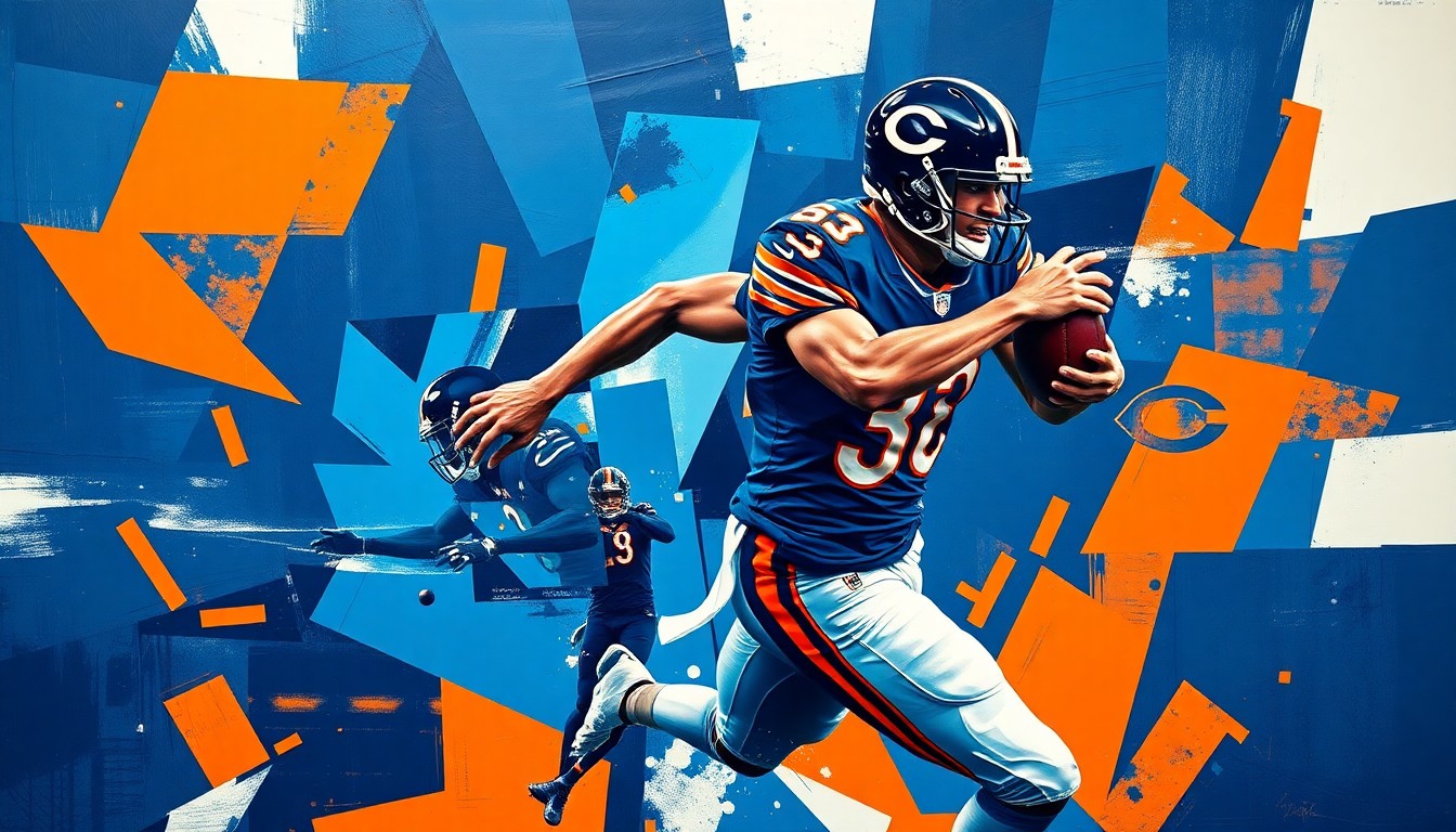 A cubist, geometric painting depicting a Chicago Bears wide receiver in motion, with sharp, overlapping planes of navy blue, orange, and white conveying the player's speed and agility.