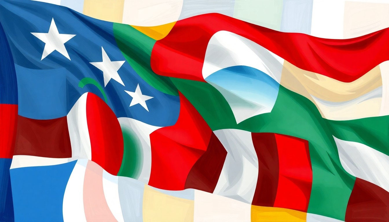 A dynamic, abstract painting featuring overlapping, fractured geometric shapes in bright, bold colors, conceptually representing the turbulent political climate in Liberia.