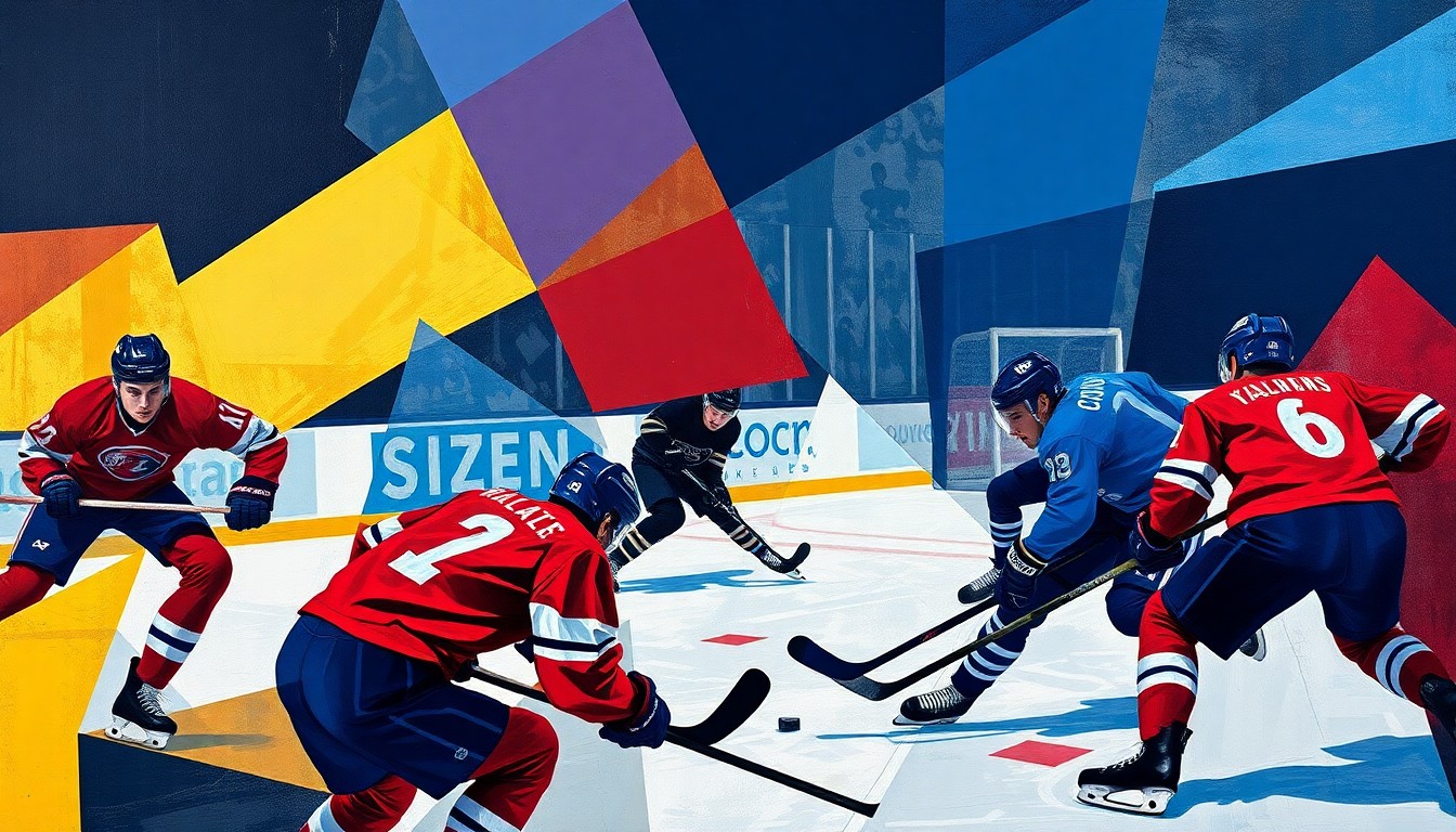 A cubist, geometric painting depicting the chaotic action of a hockey game, with fragmented player forms and sticks colliding in a dynamic, abstract composition.