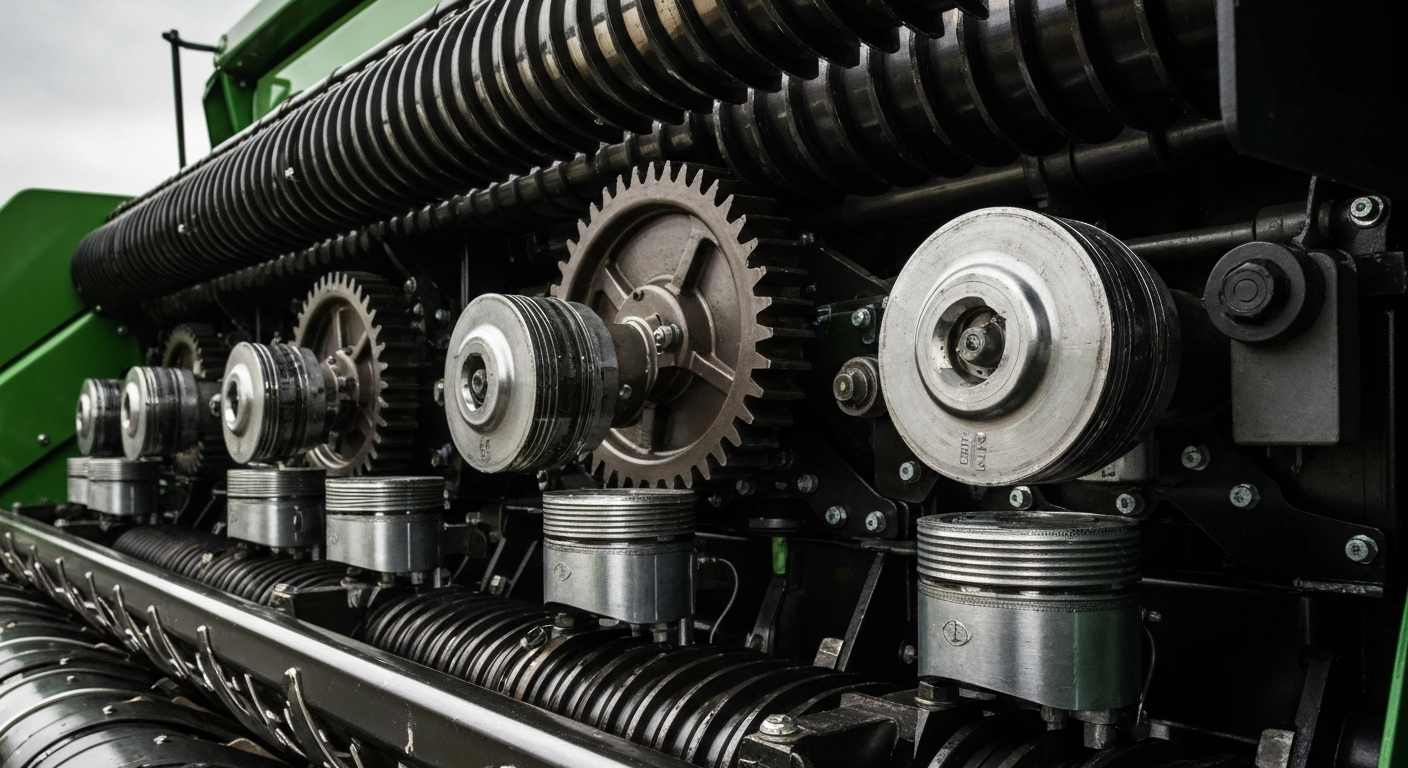An extreme close-up of the complex inner machinery of a Deere & Company agricultural combine harvester, conveying the power and precision of modern industrial farming equipment.