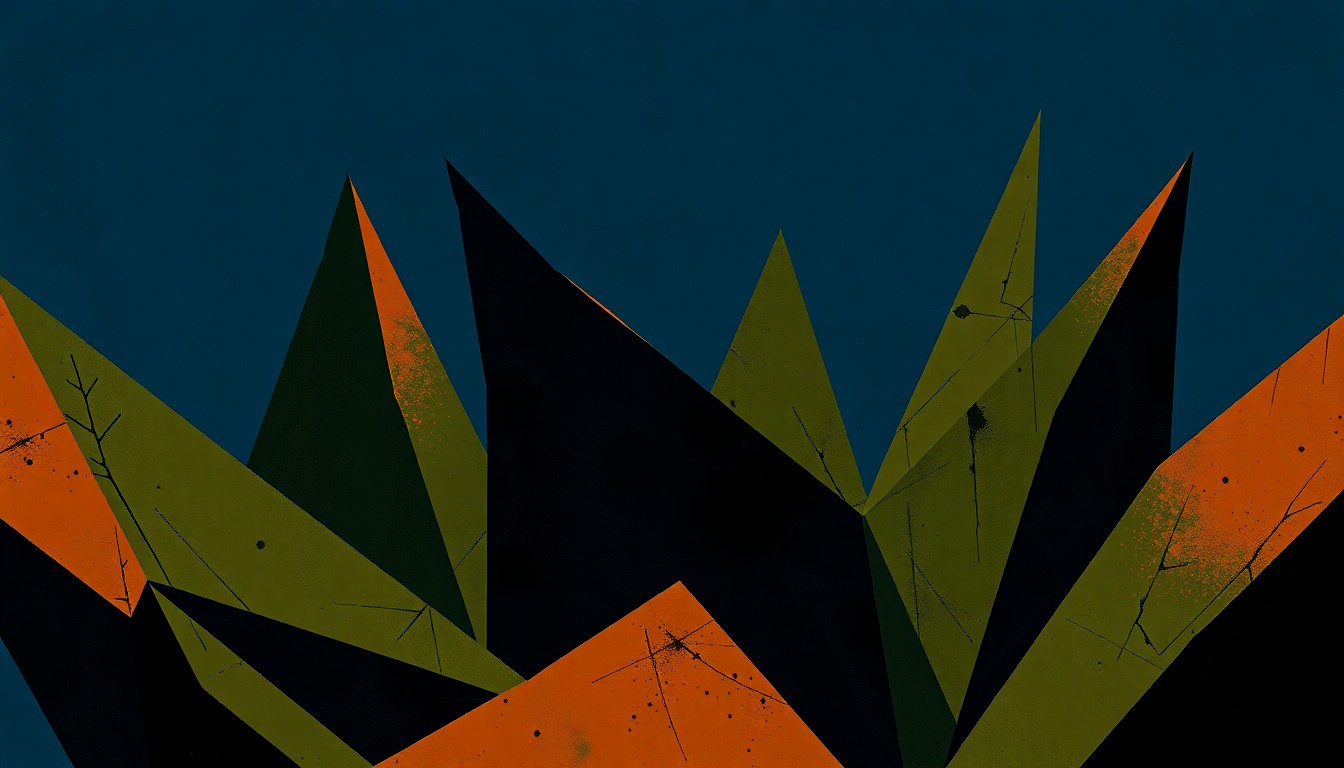 An abstract, geometric illustration in shades of blue, green, and orange, capturing the dramatic themes and mythological elements of Mozart's opera 'Idomeneo' without using any text or literal imagery.