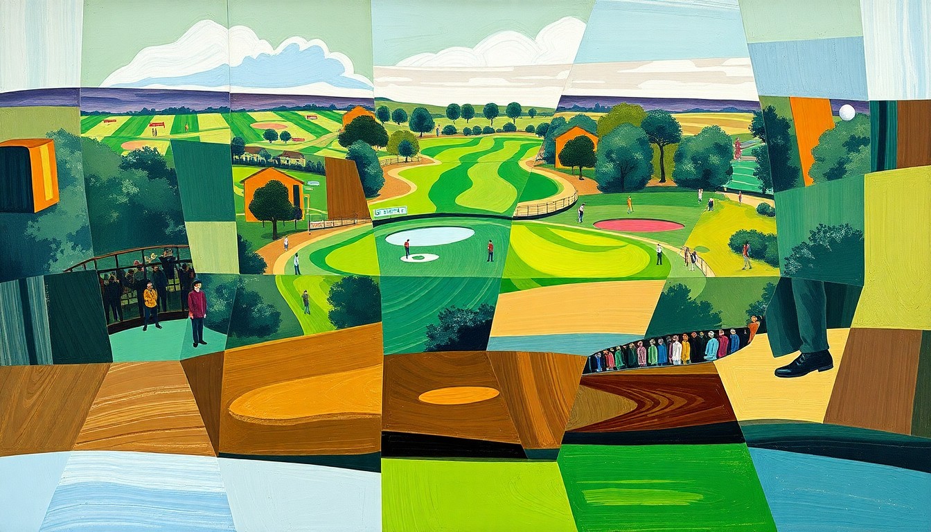 A fragmented, geometric painting depicting a golf tournament scene, with sharp planes of color representing the dynamic action and difficult environment the players navigated.
