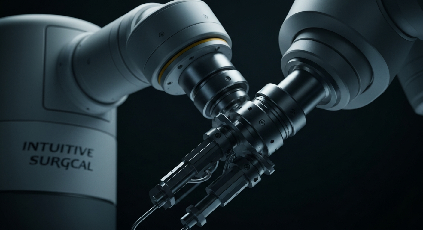 An extreme close-up of the complex, industrial-grade machinery and components that make up an Intuitive Surgical robotic surgical arm, conveying the advanced engineering and precision of the company's medical technology.