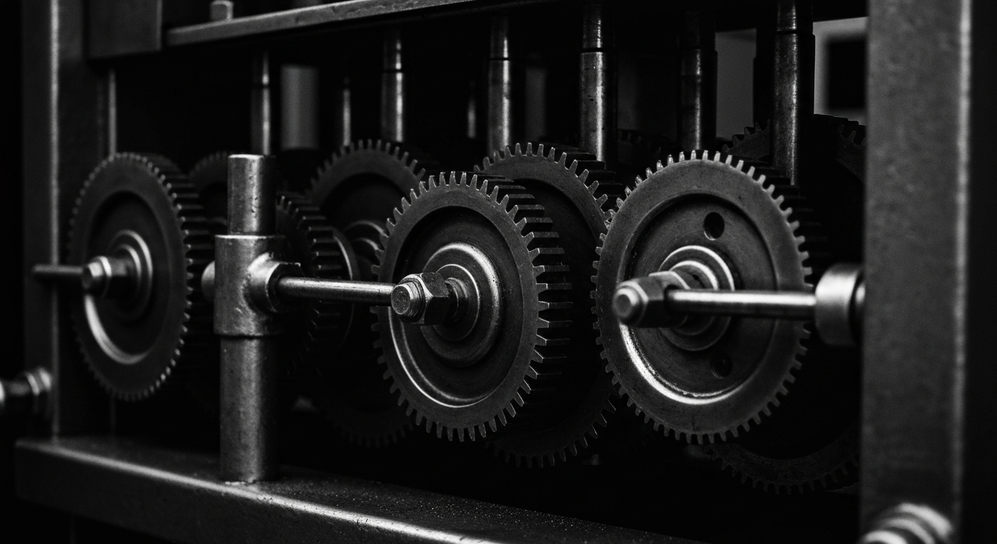 A high-contrast black and white close-up image of the gears, pipes, and mechanisms of a vintage Coca-Cola bottling machine, conveying the brand's industrial might and financial security through its physical infrastructure.