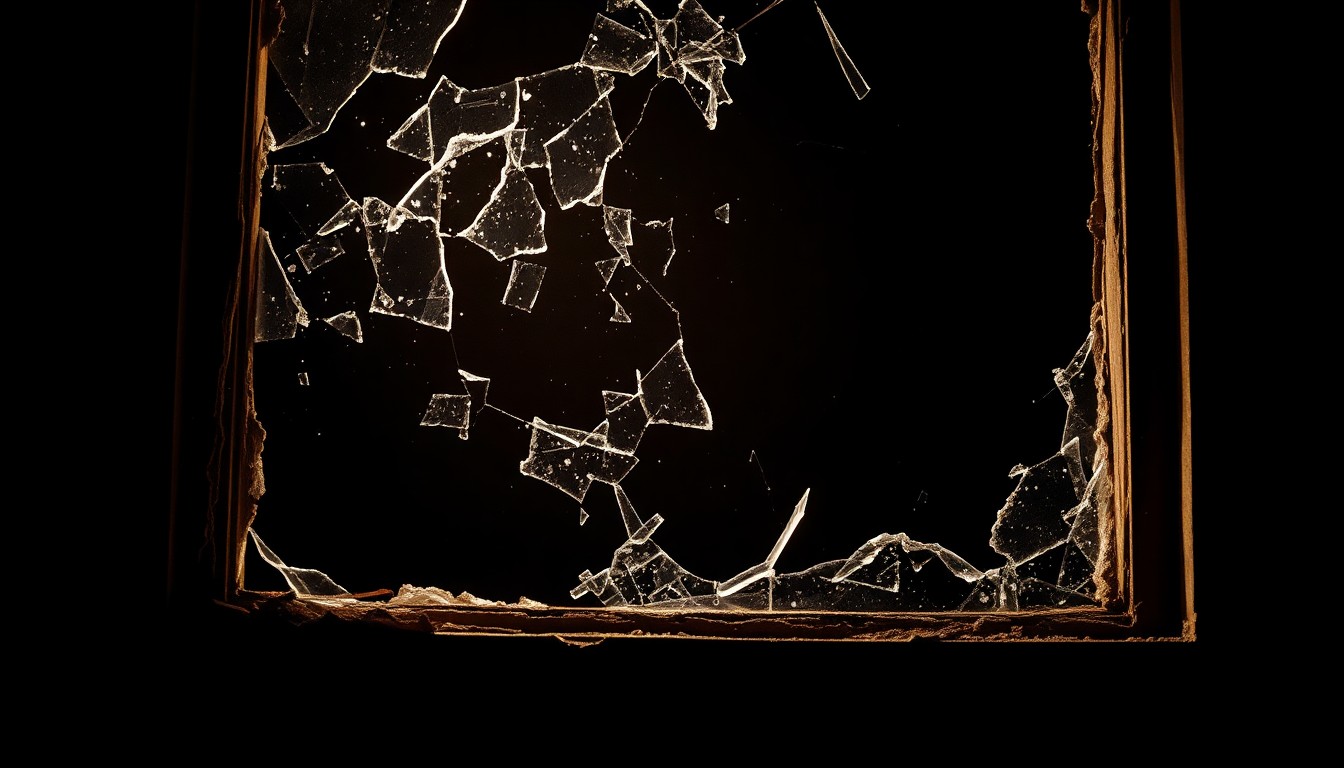 An extreme close-up photograph of a charred window frame with shattered glass, capturing the aftermath of a devastating apartment fire in stark, dramatic detail.