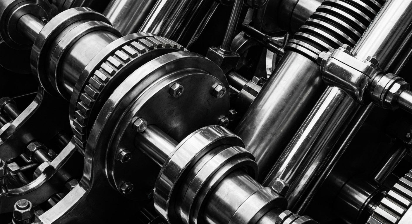 A highly detailed, cinematic close-up image of shiny, heavy industrial machinery and equipment, conveying a sense of strength, reliability, and institutional power in the finance and materials industries.