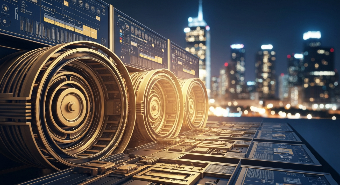 A highly detailed, cinematic close-up image of complex, interlocking metal gears and machinery, representing the sophisticated financial systems and infrastructure powering Salesforce's cloud-based enterprise software offerings.