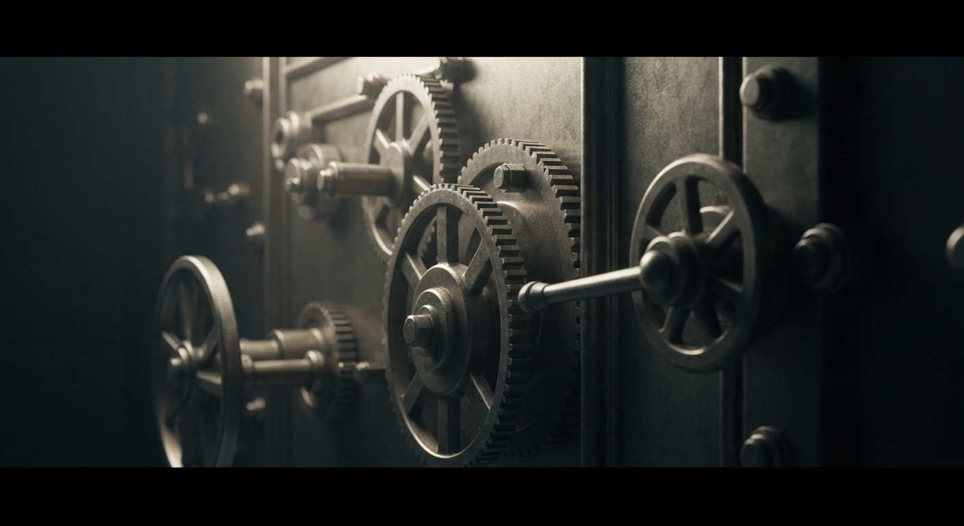 An extreme close-up of the heavy, industrial machinery and mechanisms that make up the inner workings of a large bank vault or safe deposit box, dramatically lit against a dark background to convey a sense of power, security, and the tangible nature of stored wealth.