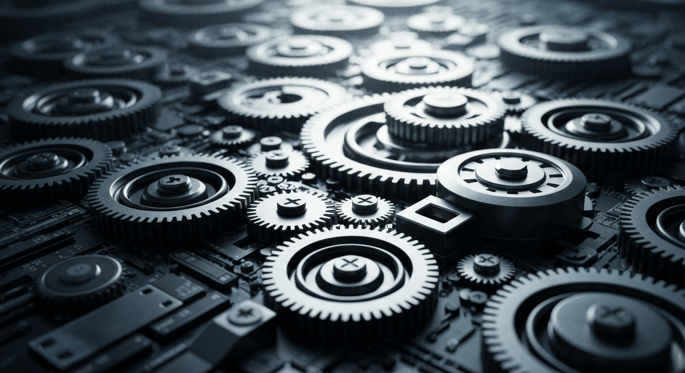 An extreme close-up of the inner workings of a high-tech banking computer system, with a maze of gears, circuits, and metallic components, conceptually representing the complex financial infrastructure that underpins the modern media landscape.