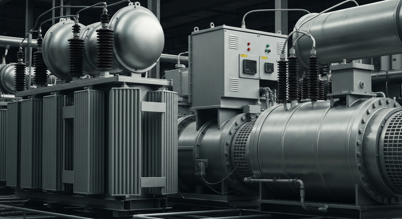 An extreme close-up of heavy, industrial electrical equipment and machinery in muted tones of grey, silver, and black, conveying a sense of power and reliability in the utility industry.