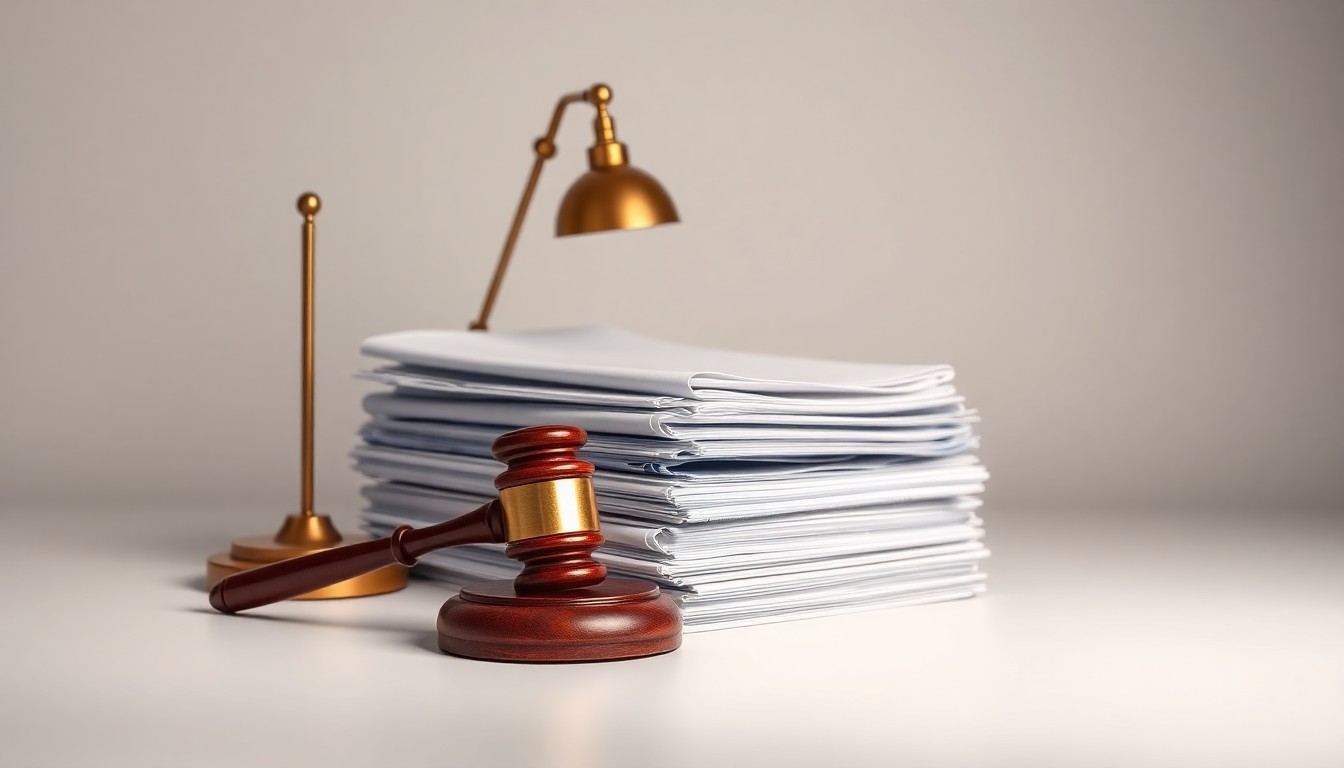 A minimalist studio still life photograph featuring a stack of legal documents, a brass desk lamp, and a polished wooden gavel on a clean, monochromatic background, conceptually representing the growth and success of the legal industry in the North West.