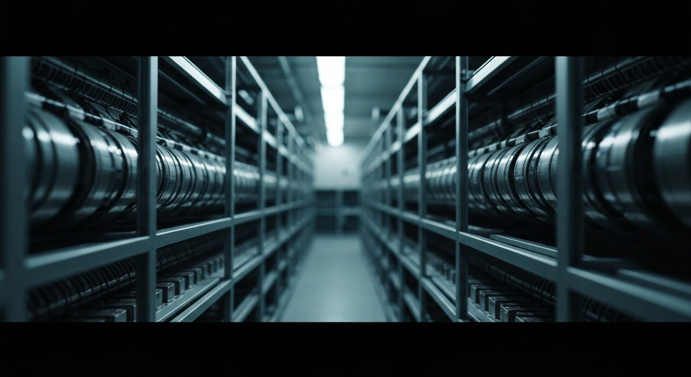 An extreme close-up of intricate, industrial banking equipment and gears, conveying the heavy, mechanical nature of the mortgage-backed securities industry.