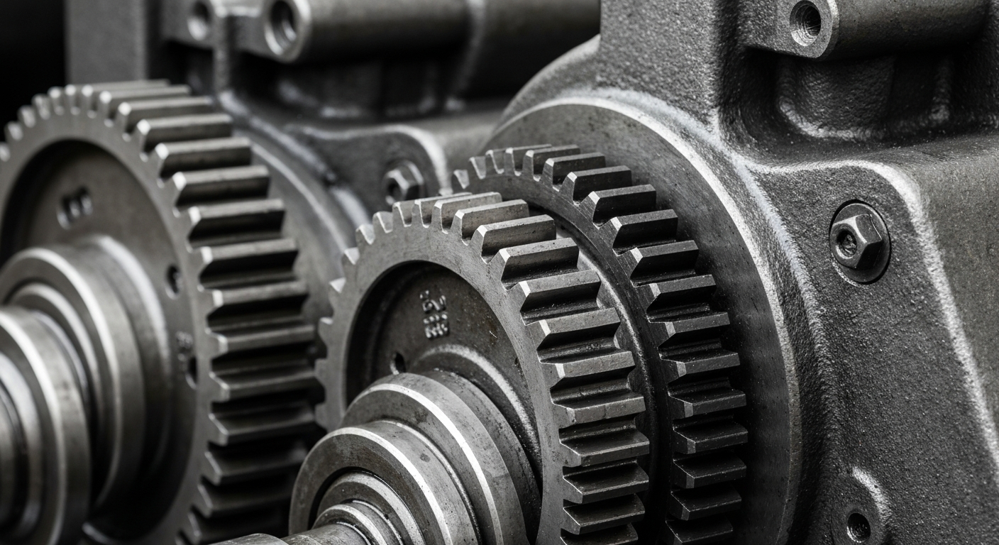 A highly detailed, cinematic macro photograph of heavy, industrial banking equipment and machinery in muted metallic tones, conveying the tangible, physical nature of financial institutions and the economy.