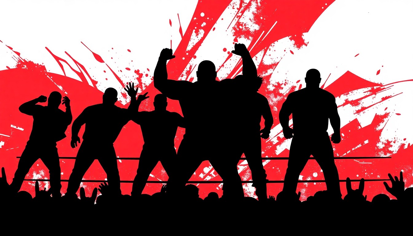A minimalist, graphic illustration featuring bold black silhouettes of wrestling figures against a backdrop of striking red and white geometric shapes, conceptually representing the excitement and energy of a major wrestling pay-per-view event.