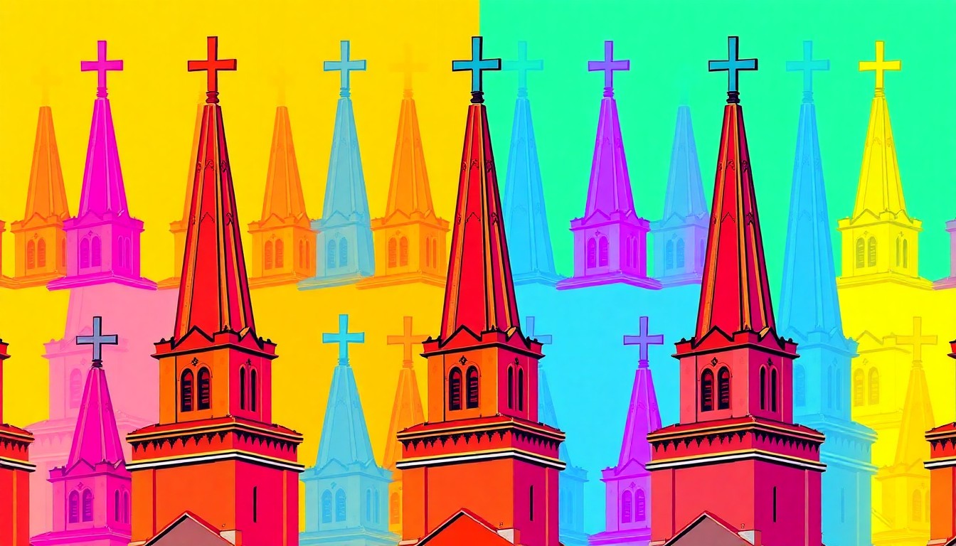 A brightly colored, abstract silkscreen print featuring a repeated church steeple or cross symbol in a grid pattern, capturing the vibrant energy of a religious community repurposing a commercial space.