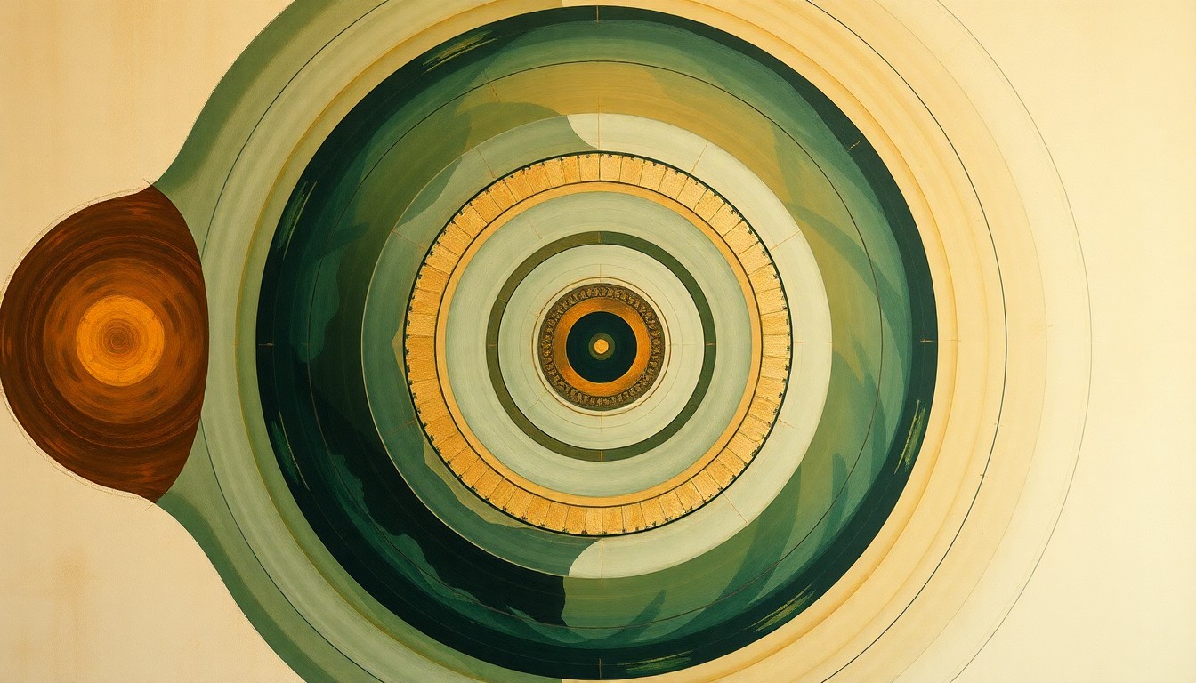 A bold, abstract painting in earthy tones of green, brown, and ochre, featuring sweeping geometric arcs, concentric circles, and precise botanical spirals, conceptually representing the interconnected web of wildlife conservation efforts.