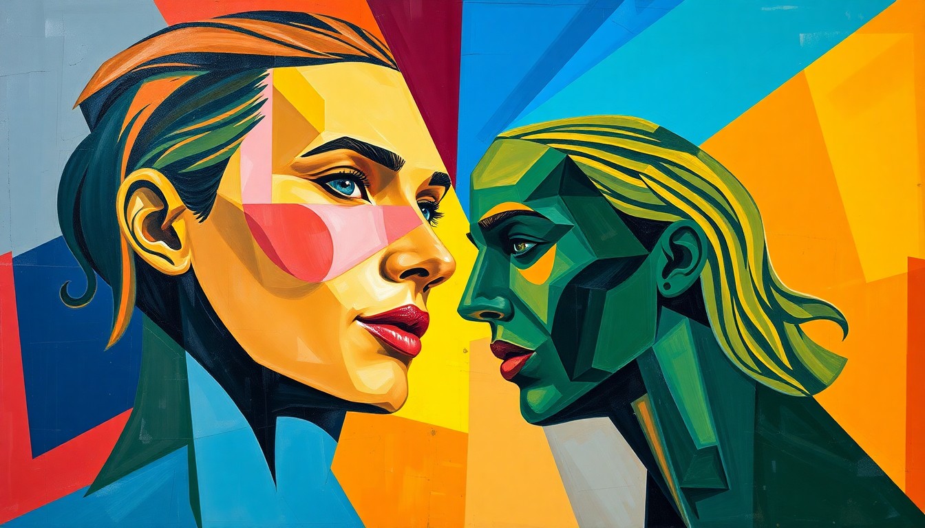 A fragmented, cubist-style painting depicting the complex maneuvering and strategy behind a WNBA draft day trade, with sharp, overlapping shapes and planes of color representing the various moving parts of the deal.