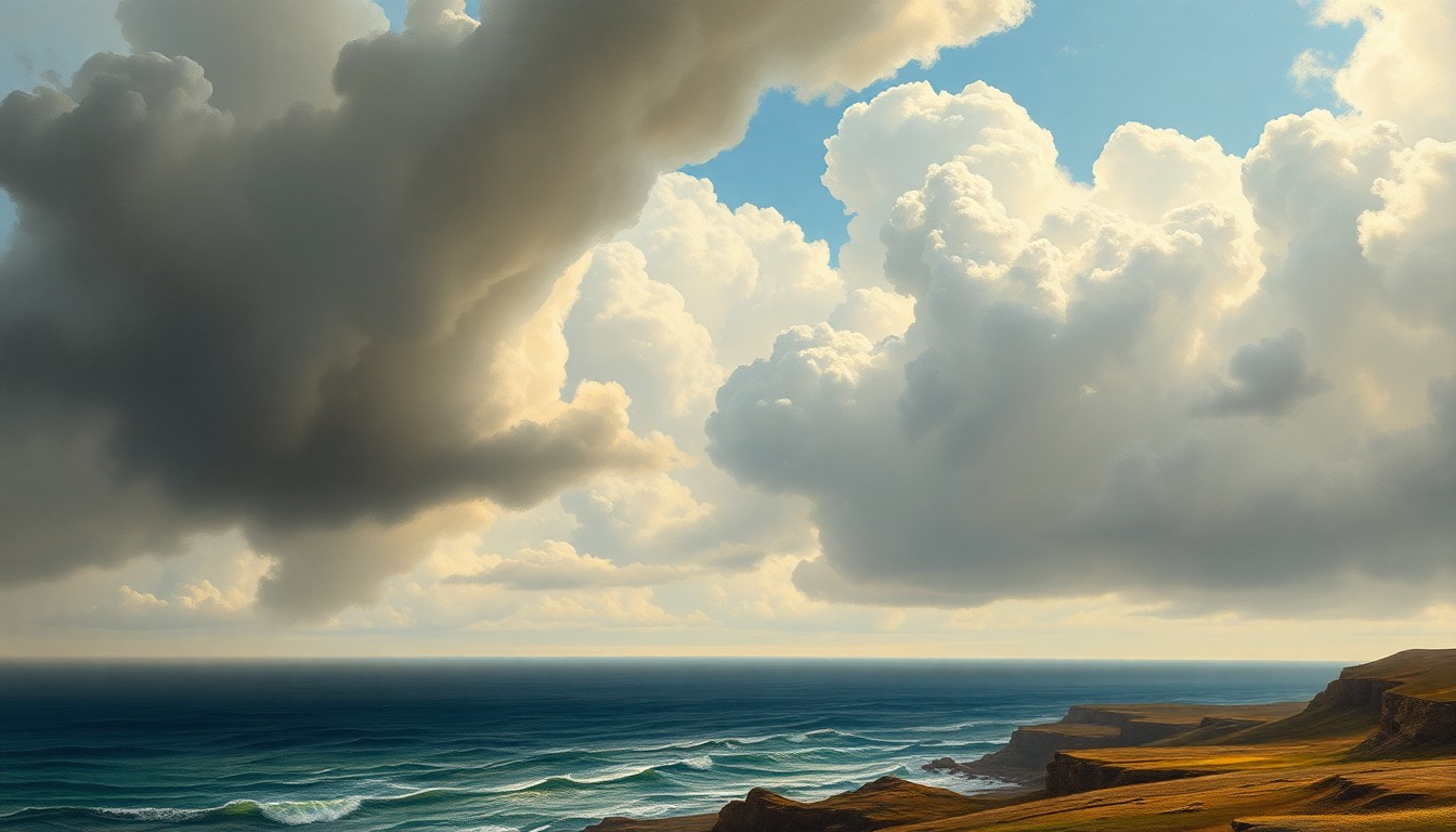 A sweeping, atmospheric landscape painting in muted tones of blue, gray, and green, capturing the vast, sublime scale of the natural world with billowing clouds and a distant horizon, dwarfing any physical structures or objects within the scene.