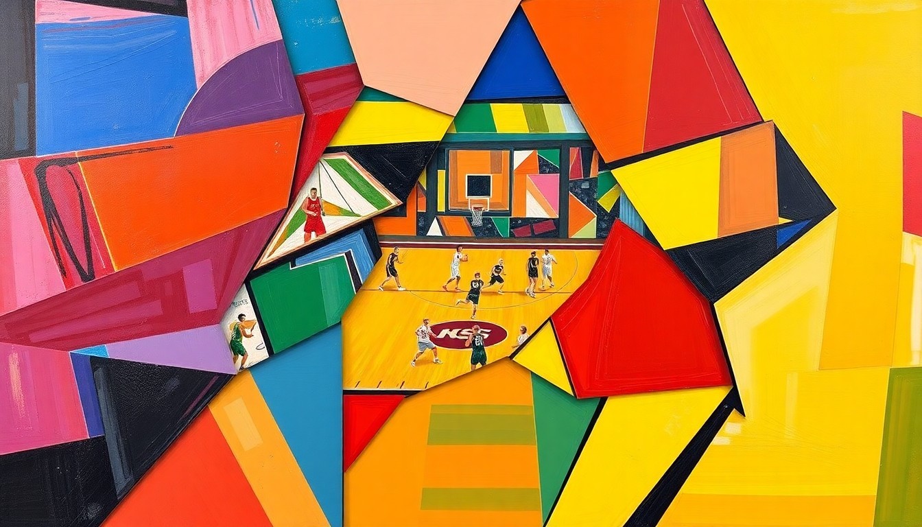 A fragmented, geometric painting in bold primary colors, capturing the energy and movement of high school sports competitions.