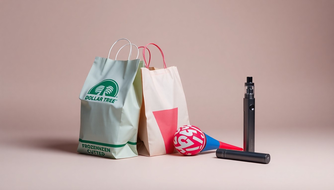 A minimalist, high-contrast studio still life photograph featuring a stack of Dollar Tree shopping bags, a vintage-style frozen custard scoop, and a sleek vape mod, conceptually representing the changing commercial landscape in Columbia, Missouri.