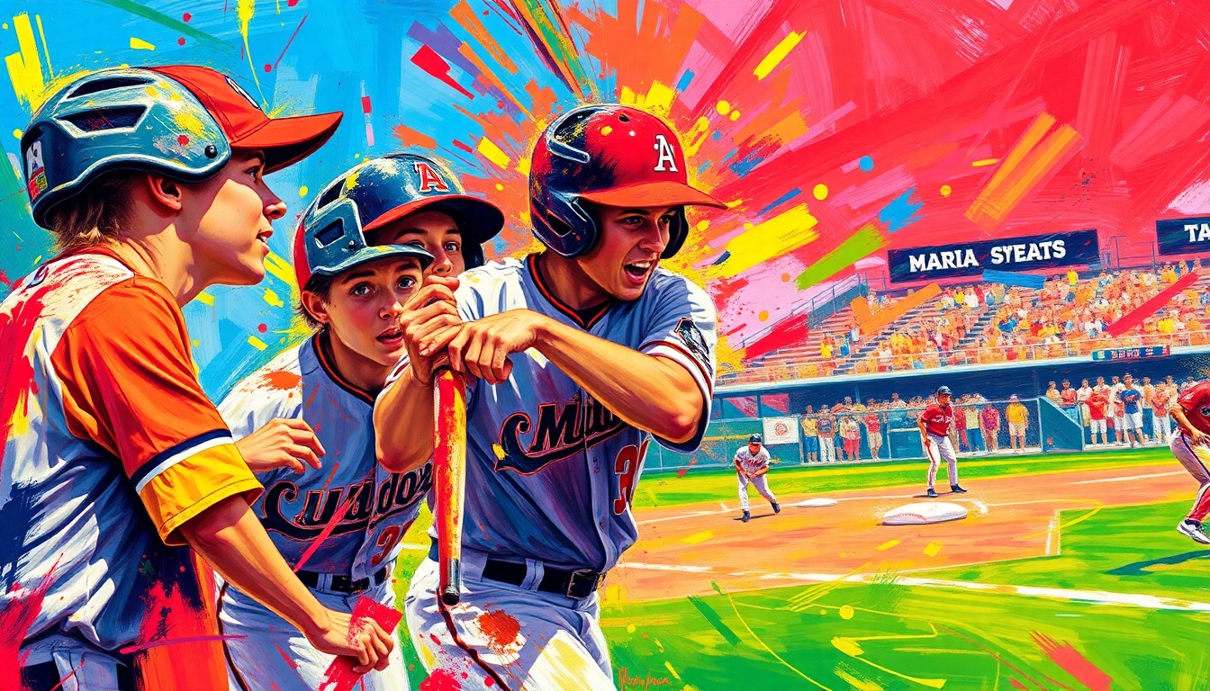 A vibrant, abstract painting in neon colors with rapid brushstrokes, capturing the raw intensity and movement of a high school baseball game.