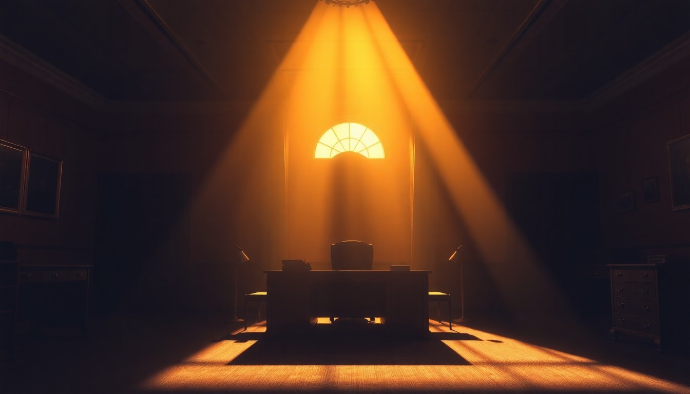 A dimly lit, cinematic painting of an empty congressional office, with warm sunlight streaming through the windows and deep shadows casting a melancholic mood over the space, conceptually representing the political turmoil surrounding Congressman Gonzales' resignation.