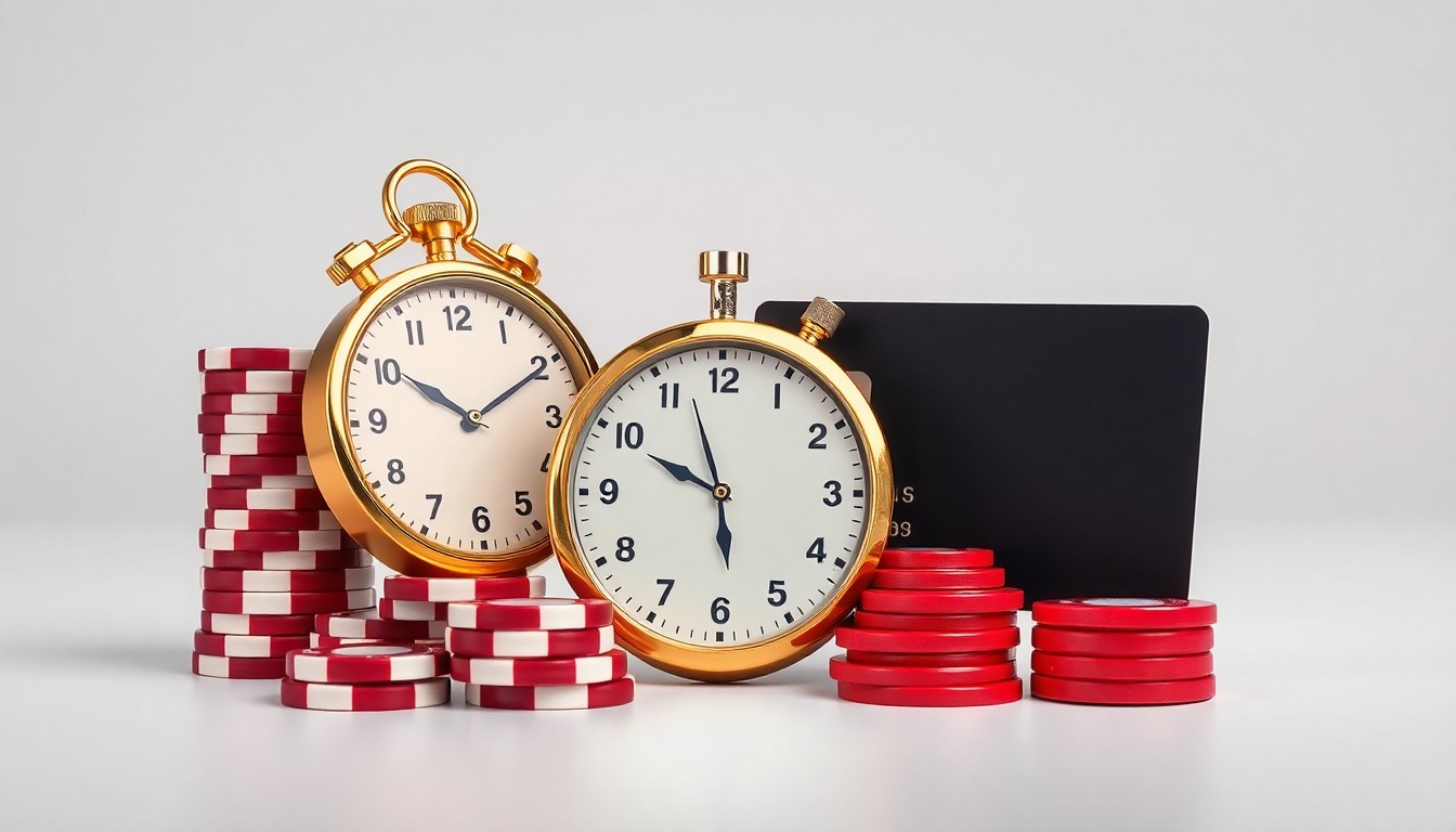 A photorealistic studio still life featuring a stack of casino chips, a gold-plated stopwatch, and a sleek black credit card, conceptually representing the fast-paced world of online gambling and the tradeoffs between speed and consumer protections.