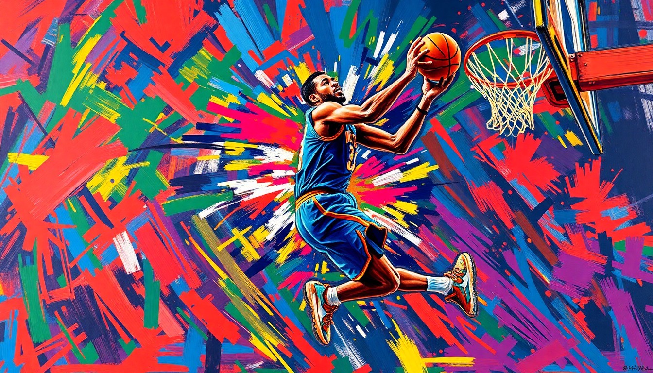 A vibrant, expressionist painting in neon colors depicting the dynamic movement and energy of a basketball player driving to the hoop, with the player's face and details obscured in the energetic brushstrokes.