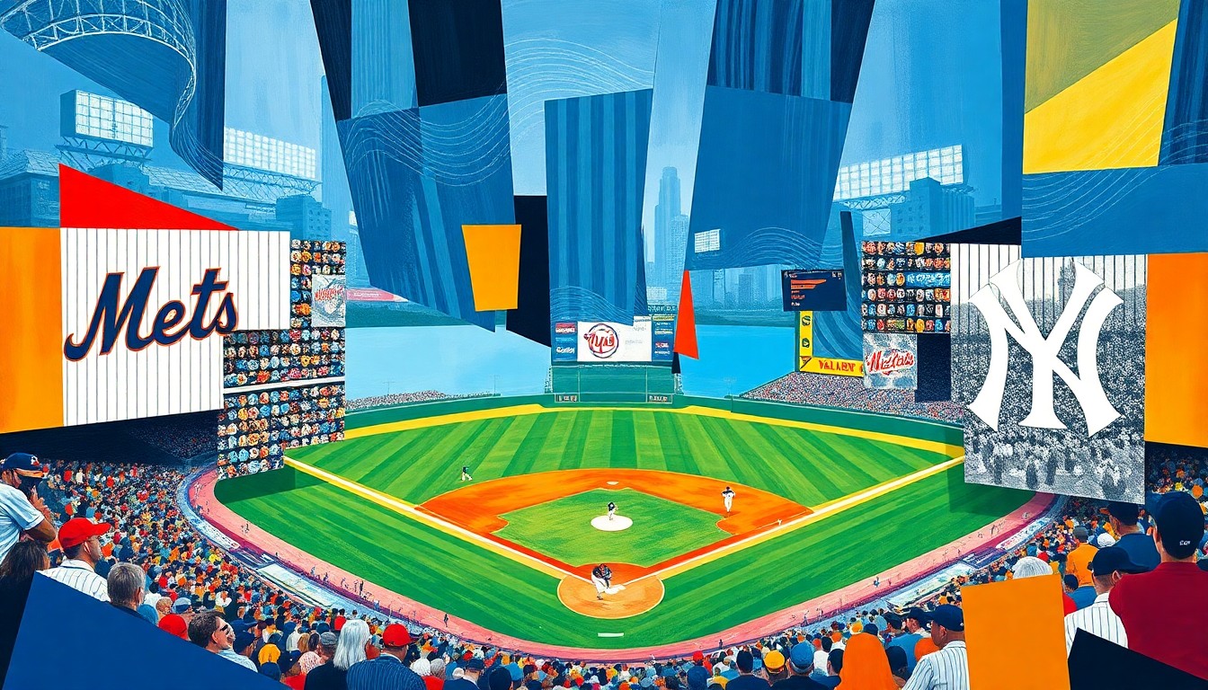 A fractured, multi-perspective painting in bold, overlapping geometric shapes and planes, using the official team colors of the New York Mets and New York Yankees to conceptually represent the contrasting challenges and trajectories of the two baseball teams in the early part of the season.