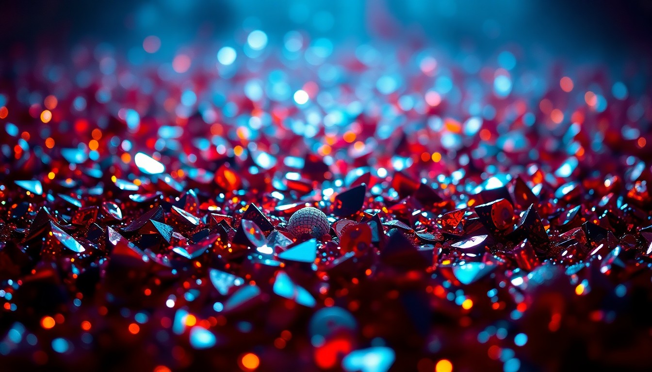 An extreme close-up photograph of sparkling sequins and shattered disco ball fragments, reflecting bright stage lights and capturing the glamorous, celebratory mood of a music festival.