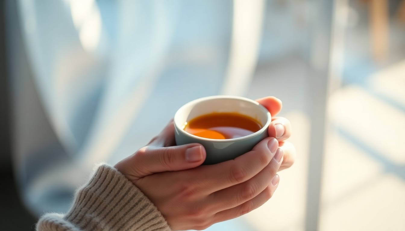 An abstract, out-of-focus photograph depicting a person's hands holding a warm cup of coffee, with the background blurred into soft, colorful pools of light, conceptually representing the comfort and community that Minn Vo's nonprofit aims to provide to those experiencing homelessness.