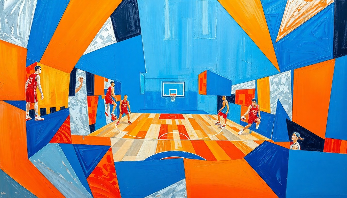 A cubist, geometric painting depicting the motion and energy of a basketball game, with sharp, overlapping planes of color representing the players and the court.