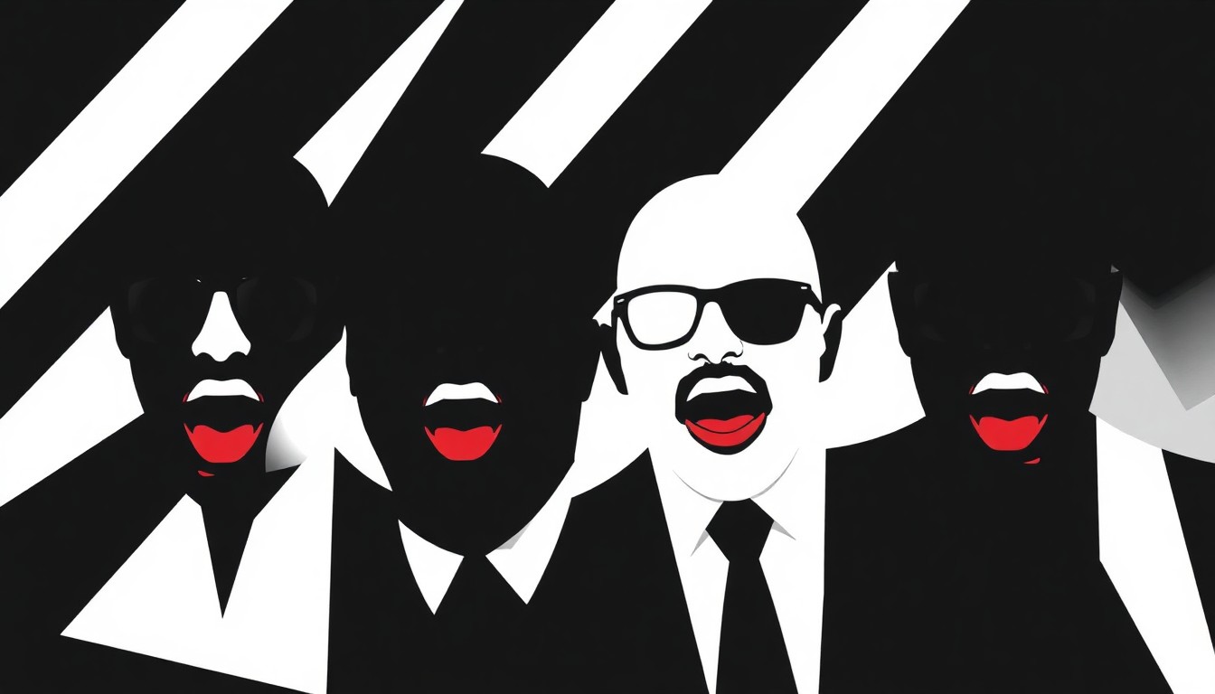 A dynamic, abstract illustration featuring bold, geometric shapes in black, white, and red, conceptually representing the harmonious voices of a barbershop quartet performance.