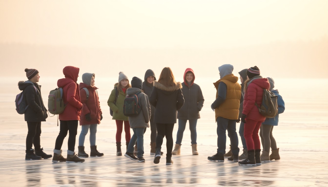 An abstracted, out-of-focus photograph in soft, warm tones depicting a group of bundled-up figures gathered around a frozen lake, suggesting the excitement and engagement of a youth fishing outing.