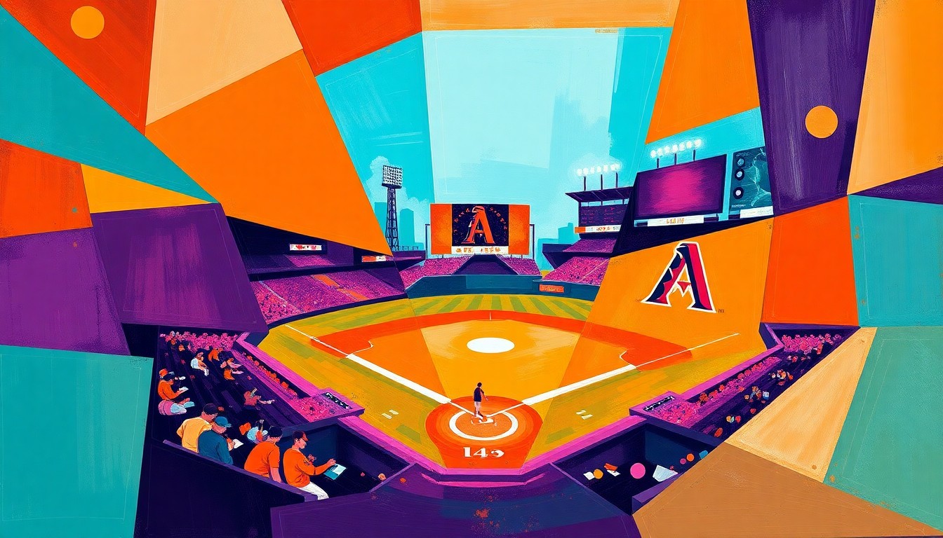 A fractured, geometric painting in vibrant colors depicting a baseball game in motion, with players and field elements broken down into sharp, overlapping planes.