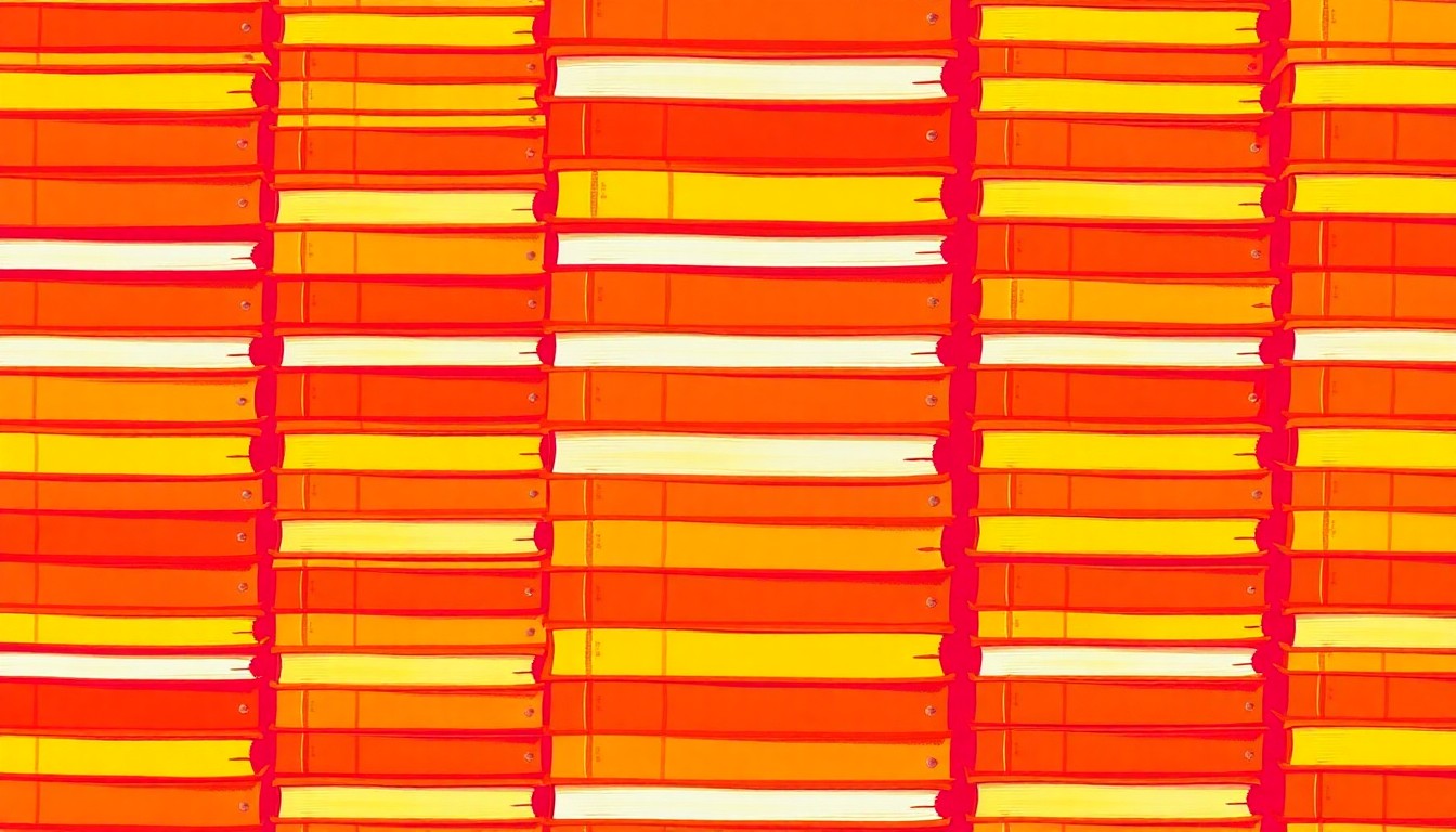 A vibrant, abstract grid of stylized textbooks in warm, neon colors, conceptually representing the changes to staffing and resources within the Fort Worth Independent School District.